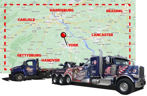 All Trans Truck and Trailer Service York PA Harrisburg Lancaster Gettysburg Carlisle Service Area map graphic